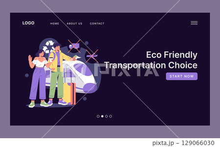 Vector illustration featuring two individuals choosing eco-friendly transportation options. The design emphasizes sustainable travel with a modern train and eco-centric symbols. Vector illustration featuring two individuals choosing eco-friendly transportation options. The design emphasizes sustainable travel with a modern train and eco-centric symbols. 129066030