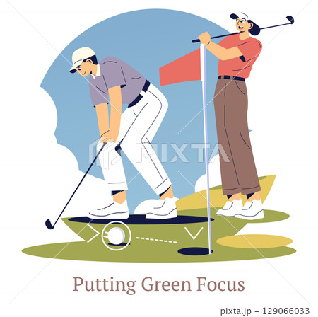 Two golfers are focused on making a crucial putt on the green. One golfer prepares to putt while the other observes. This vector illustration captures the intensity of the moment. Two golfers are focused on making a crucial putt on the green. One golfer prepares to putt while the other observes. This vector illustration captures the intensity of the moment. 129066033
