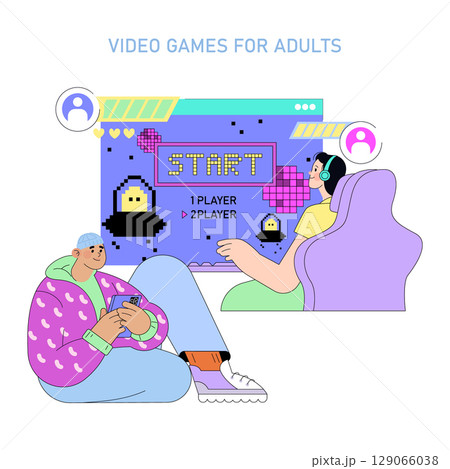 Two adults are engaged in a multiplayer video game. One holds a controller, and both are focused on the game screen displaying "Start" with pixelated graphics. Modern and colorful vector illustration. 129066038
