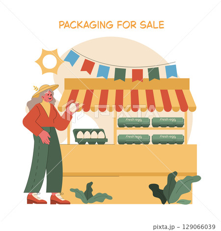 An egg farmer offers fresh eggs at a vibrant market stall. Surrounded by colorful flags and greenery, she smiles while holding an egg, showcasing local produce and farm freshness. 129066039