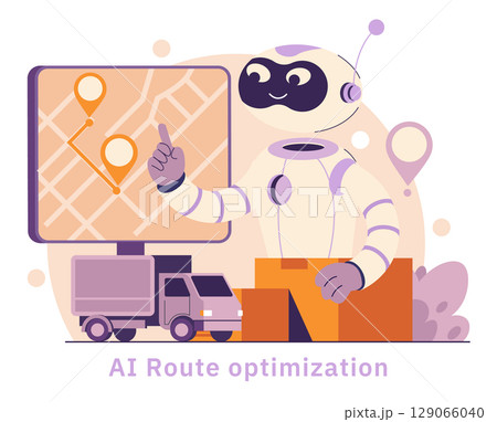 AI in logistic management improves efficiency through precise route optimization, enhancing transportation processes. The illustration features a robot analyzing a digital map for effective deliveries 129066040