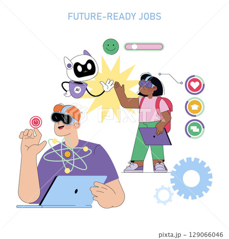 Vector illustration depicting people interacting with AI and technology. A young person high-fives a friendly AI robot, showcasing future-ready careers involving technology. 129066046