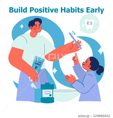 Vector illustration of an adult teaching a child proper dental hygiene. The child is smiling and learning to use a toothbrush, highlighting the importance of building positive habits early. Vector illustration of an adult teaching a child proper dental hygiene. The child is smiling and learning to use a toothbrush, highlighting the importance of building positive habits early. 129066052
