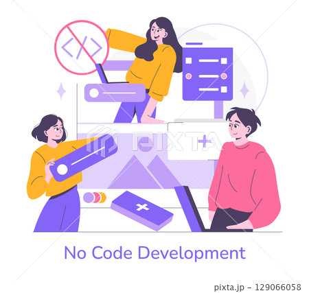 Vector illustration depicting people engaging in no code development with visible UI elements and tools. The participants exhibit collaborative expressions, emphasizing teamwork and innovation. Vector illustration depicting people engaging in no code development with visible UI elements and tools. The participants exhibit collaborative expressions, emphasizing teamwork and innovation. 129066058