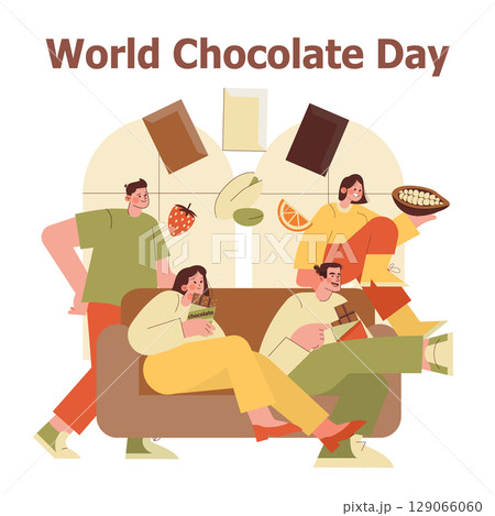 Vector illustration of friends enjoying World Chocolate Day with chocolate bars and happy expressions. Celebratory atmosphere highlights the joy of indulging in sweets together. Vector illustration of friends enjoying World Chocolate Day with chocolate bars and happy expressions. Celebratory atmosphere highlights the joy of indulging in sweets together. 129066060