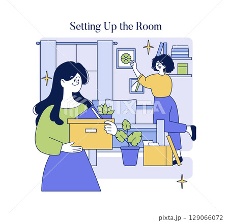Vector illustration of two people setting up a room, one holding a box of items and the other hanging a picture. Their happy expressions convey teamwork and fun in organizing a space. Vector illustration of two people setting up a room, one holding a box of items and the other hanging a picture. Their happy expressions convey teamwork and fun in organizing a space. 129066072