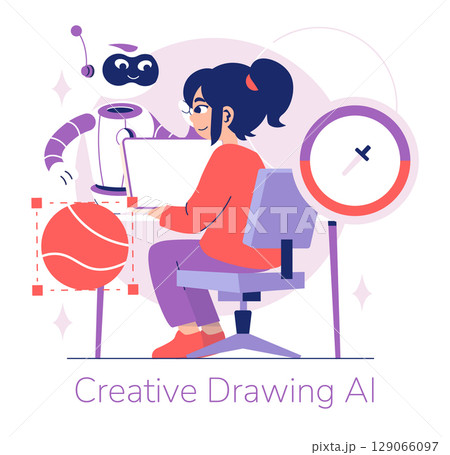 Vector illustration of a woman and a robot collaboratively drawing a digital design. The robot assists with the creative process as the woman focuses on her digital artwork. Vector illustration of a woman and a robot collaboratively drawing a digital design. The robot assists with the creative process as the woman focuses on her digital artwork. 129066097