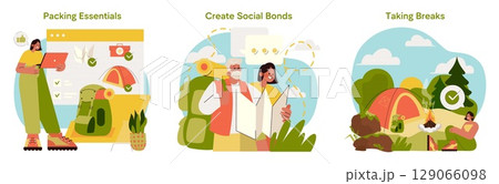Vector illustration depicting camping essentials, socializing in nature, and taking breaks. Features individuals packing gear, reading maps, and relaxing outdoors in a vibrant campsite. 129066098