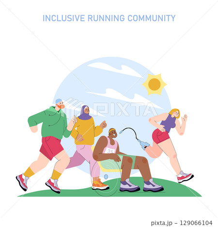 World Running Day concept. Diverse group of runners participating together outdoors, featuring individuals with different abilities joining the global celebration of active and healthy lifestyles 129066104