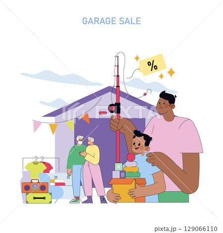 A vibrant vector illustration of a family enjoying a garage sale outside a purple garage. People are browsing items, holding a fishing rod and a box of toys, creating a joyful community atmosphere. A vibrant vector illustration of a family enjoying a garage sale outside a purple garage. People are browsing items, holding a fishing rod and a box of toys, creating a joyful community atmosphere. 129066110