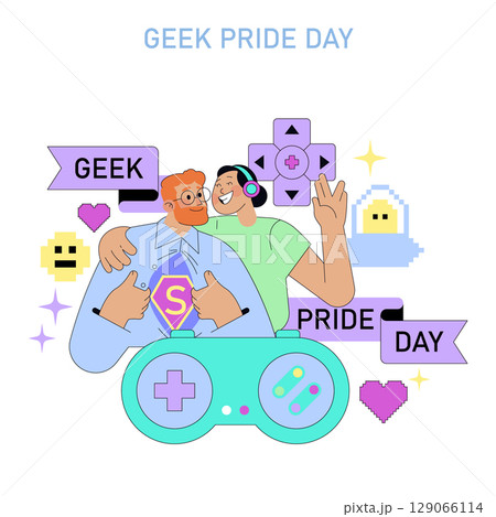 Vector illustration of two people celebrating Geek Pride Day. They express happiness and excitement, surrounded by gaming elements like a controller and retro icons. 129066114