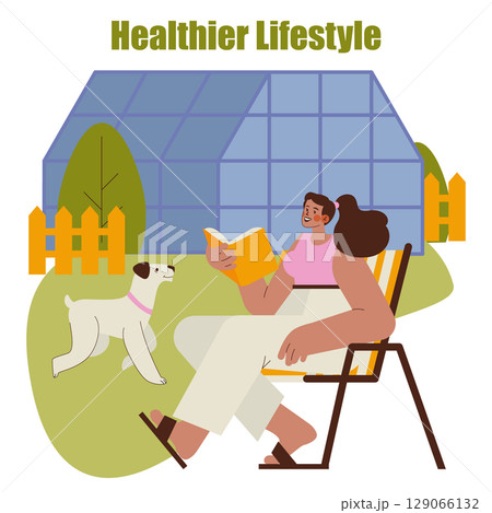 Horticulture concept. Woman relaxes with a book in a garden near a greenhouse as her dog plays nearby. Outdoor leisure creates peaceful moments and supports a healthier lifestyle. Vector illustration. 129066132