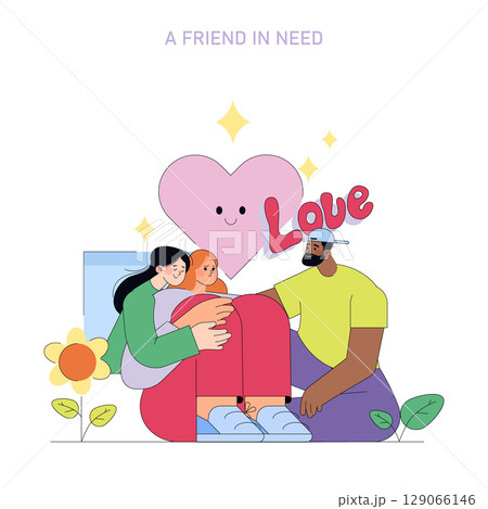Vector illustration of three friends showing care and support, surrounded by a heart and the word "love" A touching depiction of friendship and togetherness capturing emotions. Vector illustration of three friends showing care and support, surrounded by a heart and the word "love" A touching depiction of friendship and togetherness capturing emotions. 129066146