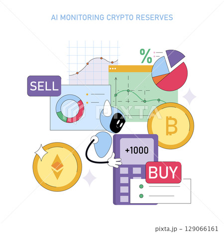 Vector illustration of AI technology monitoring cryptocurrency reserves, featuring charts, graphs, and digital coins. Includes buy and sell indicators and a calculator for values. Vector illustration of AI technology monitoring cryptocurrency reserves, featuring charts, graphs, and digital coins. Includes buy and sell indicators and a calculator for values. 129066161
