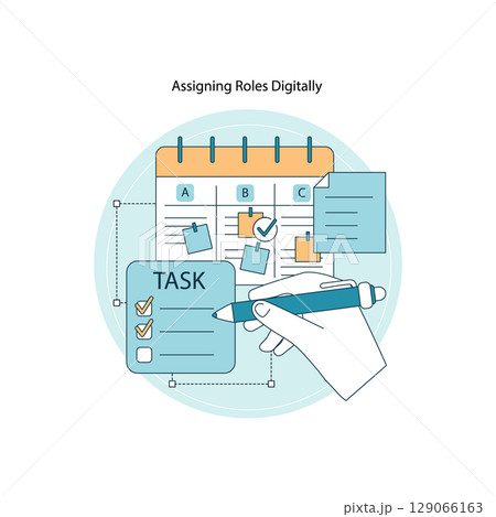Vector illustration depicting digital task management, featuring a hand assigning roles using a checklist and calendar interface. Visual elements represent organized planning and coordination. Vector illustration depicting digital task management, featuring a hand assigning roles using a checklist and calendar interface. Visual elements represent organized planning and coordination. 129066163