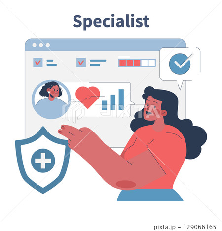 Vector illustration of a digital health specialist analyzing patient data on a screen interface. The specialist is pointing at health statistics with protective symbols. 129066165