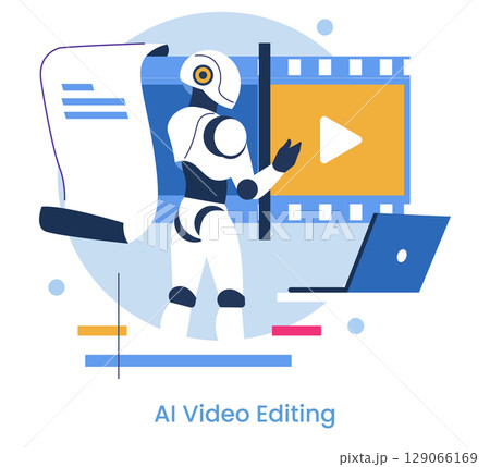 Robot utilizing artificial intelligence to edit video content next to a laptop. The vector illustration showcases innovative technology in media production and video editing. 129066169