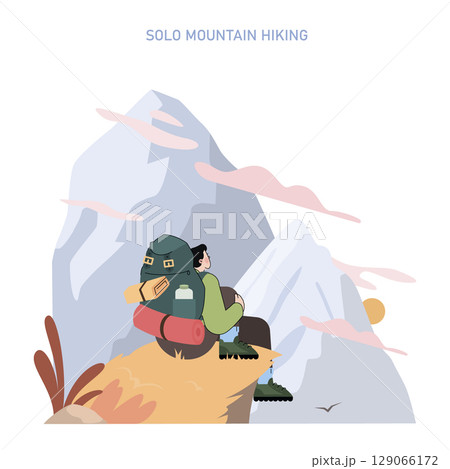 Mountain tourism concept. Adventurer sits alone on mountain peak with gear, enjoying the landscape and fresh air during a scenic journey through rugged terrain and tranquil natural surroundings Mountain tourism concept. Adventurer sits alone on mountain peak with gear, enjoying the landscape and fresh air during a scenic journey through rugged terrain and tranquil natural surroundings 129066172