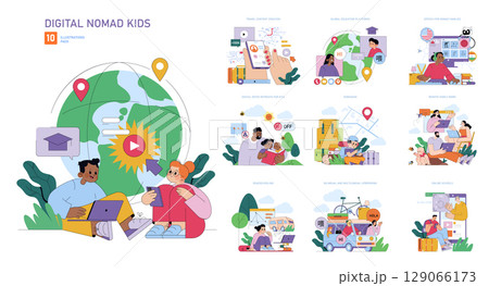 Vector illustration pack showcasing digital nomad kids engaging in educational activities worldwide. Includes remote learning, multicultural interaction, and travel-related education themes. Vector illustration pack showcasing digital nomad kids engaging in educational activities worldwide. Includes remote learning, multicultural interaction, and travel-related education themes. 129066173