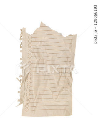Torn Crumpled Lined Paper with Red Line on White Background for Art 129066193