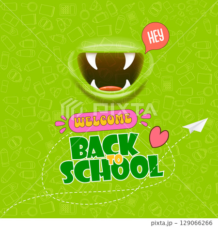 Welcome Back To School square banner design template with funny smiling monster mouth and flying paper plane on green background. welcome back to school background, poster, flyer, cover and sticker 129066266