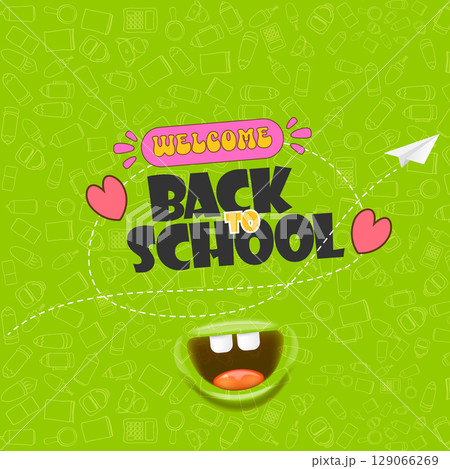 Welcome Back To School square banner design template with funny smiling monster mouth and flying paper plane on green background. welcome back to school background, poster, flyer, cover and sticker Welcome Back To School square banner design template with funny smiling monster mouth and flying paper plane on green background. welcome back to school background, poster, flyer, cover and sticker 129066269