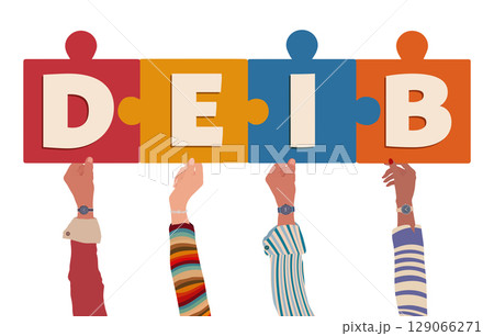 DEIB concept with diverse hands holding puzzle pieces for diversity equity inclusion belonging 129066271