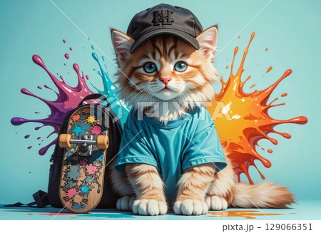 Fluffy kitten in cap with skateboard and pencils splashing color Fluffy kitten in cap with skateboard and pencils splashing color 129066351