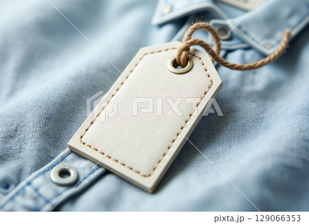 Blank tag on blue fabric with string Blank tag on blue fabric with string 129066353