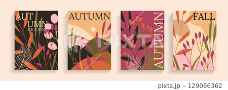 Set of modern Autumn themed cards, covers, vertical banners. Japanese style template for design, print. Abstract background perfect for flyers, social media, ads, promo. Vector illustration 129066362