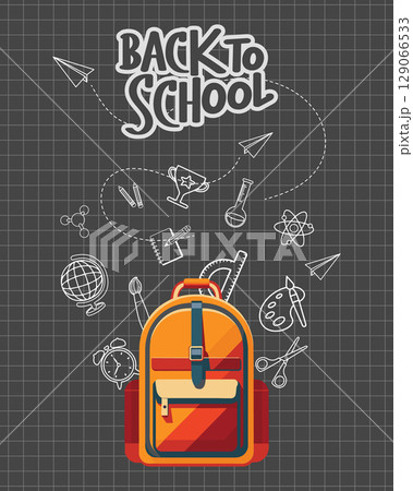 Back to school poster with backpack and school supplies on blackboard background. Illustration. 129066533
