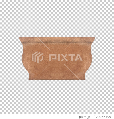 Terracotta flower pot illustration with watercolor texture, classic curved shape. Hand-painted clip art isolated on white.Perfect for botanical arrangements, garden designs, and spring decor projects 129066599