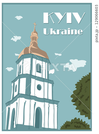 Kyiv travel poster with a stylized illustration of a historic church tower and a clear blue sky 129066603