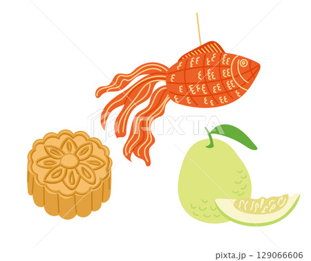 Mid-Autumn Festival icons including a mooncake, pomelo fruit, and a hanging paper fish decoration Mid-Autumn Festival icons including a mooncake, pomelo fruit, and a hanging paper fish decoration 129066606