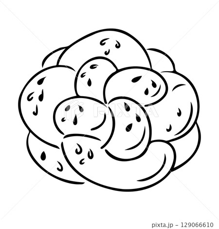 Hand drawn outline of a braided challah bread with poppy or sesame seeds on top Hand drawn outline of a braided challah bread with poppy or sesame seeds on top 129066610