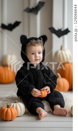 Adorable toddler in a black cat costume holding...のイラスト素材 [129066644 ...