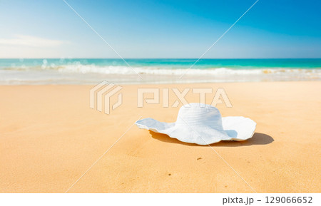 holiday beach background with lonely white hat holiday beach background with lonely white hat 129066652