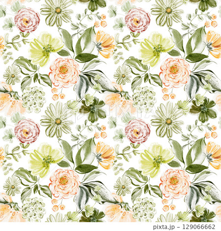 Green Floral Seamless Pattern With Yellow Flowers And Leaves 129066662