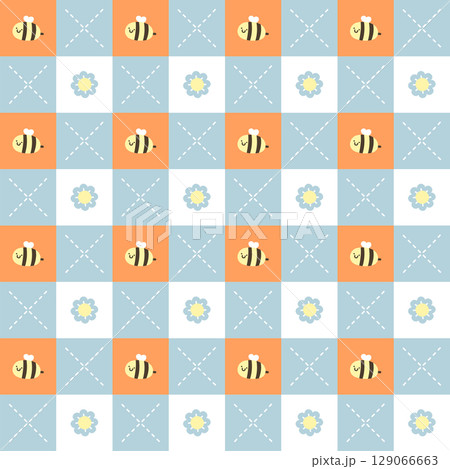 seamless minimal flower and bee repeat pattern in blue plaid checkered background, flat jpg illustration graphic design 129066663