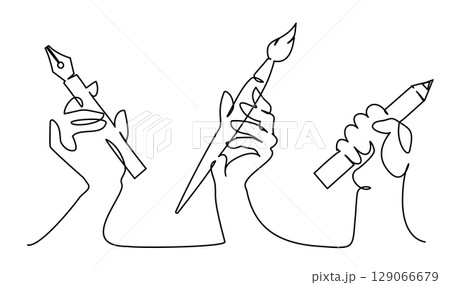 Hands holding pen, pencil and brush. Concept of creative tool. Continuous one line drawing. Hands holding pen, pencil and brush. Concept of creative tool. Continuous one line drawing. 129066679