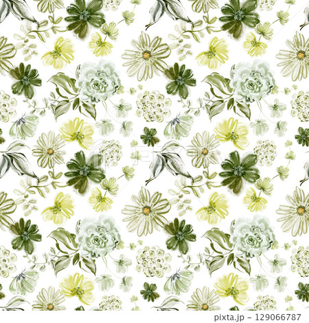 Green Floral Seamless Pattern With Yellow Flowers And Leaves Green Floral Seamless Pattern With Yellow Flowers And Leaves 129066787