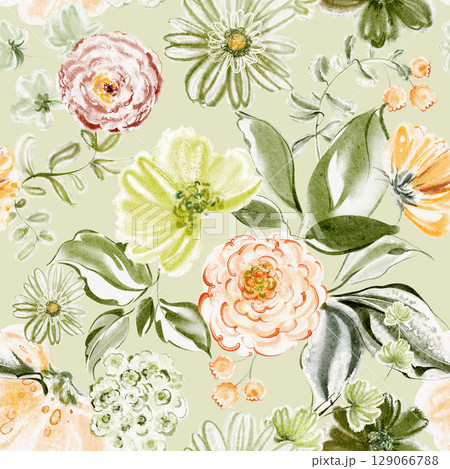 Green Floral Seamless Pattern With Yellow Flowers And Leaves Green Floral Seamless Pattern With Yellow Flowers And Leaves 129066788