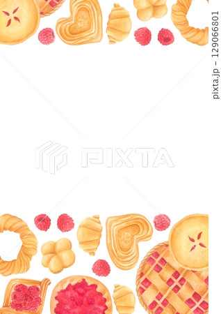 Watercolor raspberry pastry border illustration isolated on white Watercolor raspberry pastry border illustration isolated on white 129066801
