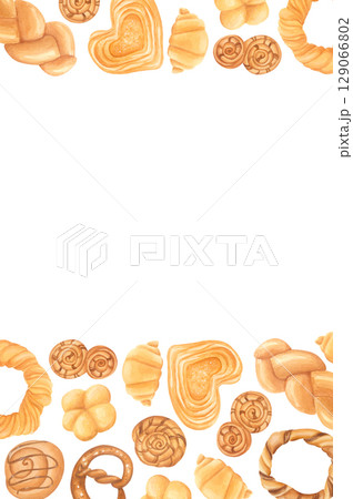 Watercolor bakery frame with pastries. Hans-drawn food border illustration isolated on white 129066802