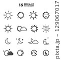 Celestial Vector Icons: A set of 16 minimalistic icons representing the sun, moon, and stars, rendered in a clean vector style, ideal for weather forecasts or astrological designs. 129067017