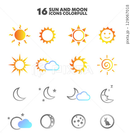 Iconic Celestial Duo: A vibrant array of sun and moon icons representing various styles and concepts, perfect for design projects and thematic representations. 129067018