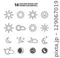 Sun and Moon Icons: A collection of 16 colorful line icons featuring diverse sun and moon designs, suitable for weather, astronomy, and decorative purposes. 129067019