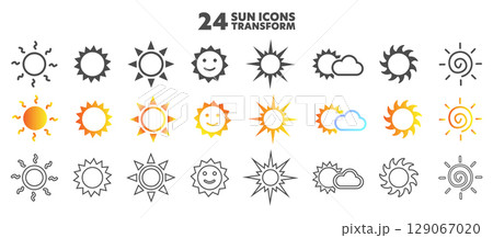 Collection of sun icons: A diverse selection of vector sun icons perfect for use in a wide range of design projects, from websites and apps to print materials and presentations. 129067020