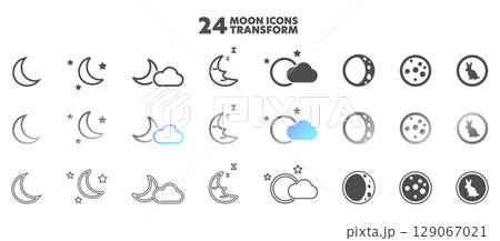 Lunar Icons: A visually stunning collection of 24 moon icons, each meticulously crafted in various styles, perfectly encapsulating the phases of the moon, stars and cloud elements. 129067021