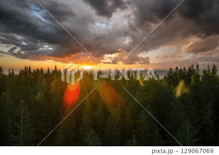 Colorful sunset in wild mountains. Dark pine forest illuminated with bright setting sun. Beautiful nature landscape Colorful sunset in wild mountains. Dark pine forest illuminated with bright setting sun. Beautiful nature landscape 129067069